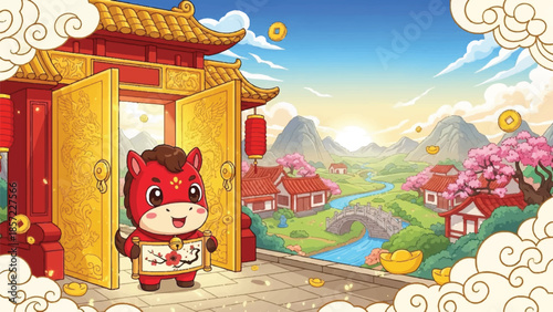 Chinese New Year cartoon character. Red furry monster standing in doorway. Traditional Asian architecture. Mountain landscape with cherry blossoms. Vector illustration for holiday greeting