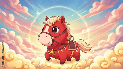 Cartoon red horse. Animated horse character. Red pony with blonde mane. Horse in clouds. Fantasy illustration. Colorful sunset background. Vector design. Whimsical artwork. Dreamy scene.
