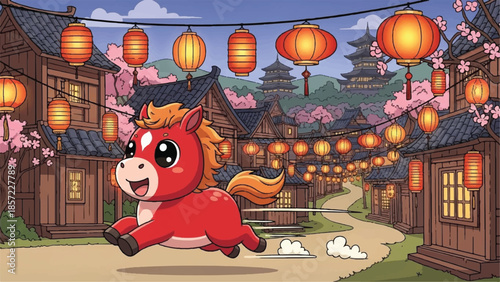 Running red horse. Cartoon illustration of horse. Asian village background. Cherry blossoms. Lanterns. Vector design.