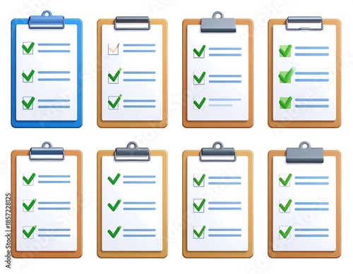 Eight clipboards, each with a sheet of paper marked with green checkmarks and horizontal lines, neatly arranged