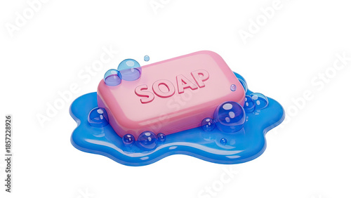 3D Pink Soap Bar with Bubbles in Blue Liquid on transparent background