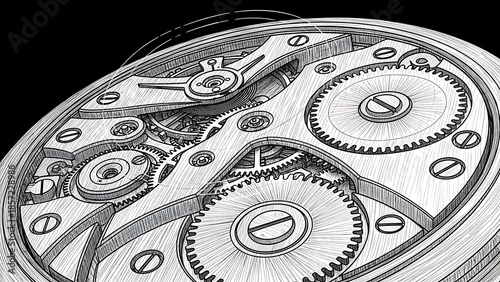 watch mechanism illustration detailing intricate precision engineering drawing of internal clockwork gears for technical and historical horology educational content