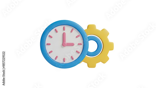 3D render of a clock and a gear on transparent background
