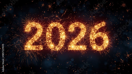 Sparkling fireworks display forming the year 2026 in golden light against a dark night sky with vibrant sparks and glowing embers floating around
