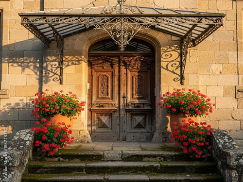 Elegant stone building entrance with ornate wooden doors and vibrant red flowers