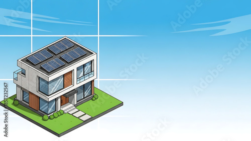 Modern isometric house with solar panels, sustainable living concept on blue sky background