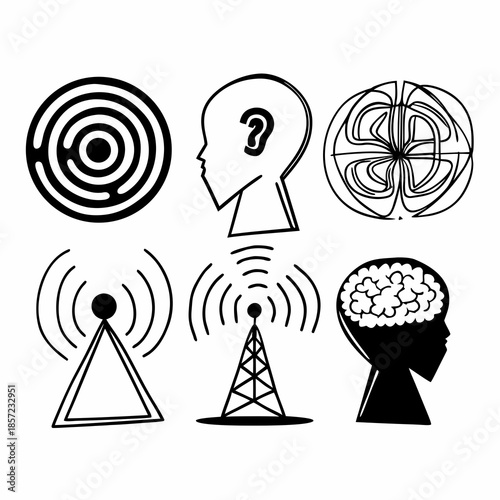 Set of vector icons for web featuring 3d radio tower illustrations and wireless communication antenna symbols for technology network signals and wifi internet business information broadcasting