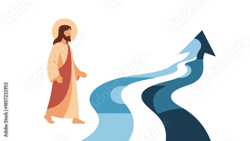 Haloed religious figure depicted walking forward in robe.