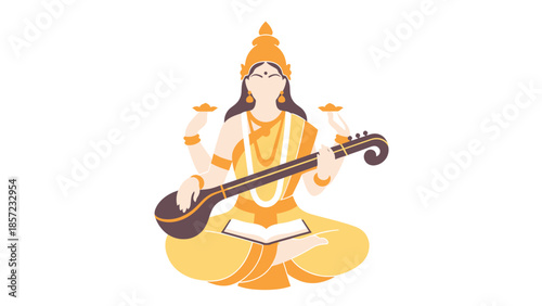 Goddess Saraswati figure illustration Playing Veena in Meditation Pose.
