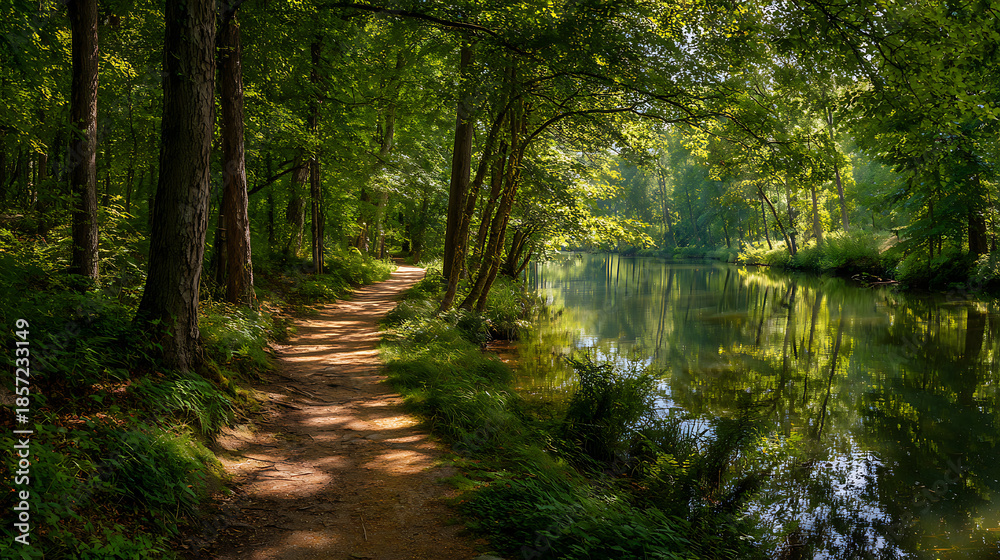 Obraz premium Sunlit forest path alongside a calm river reflecting green trees