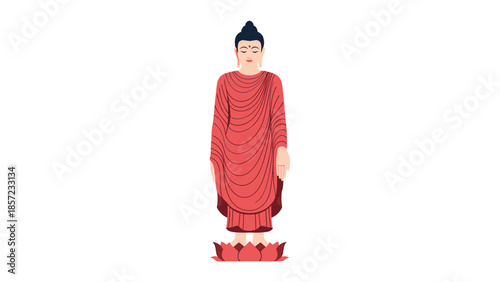 Red Buddha statue standing figure in robe with serene expression.