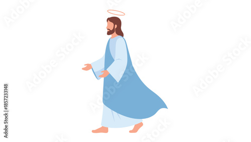 Religious figure in blue robe walking illustration.