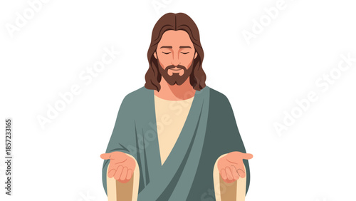 Religious figure wearing robes with open arms.