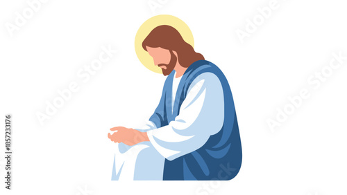 Religious figure kneeling with halo wearing robes.