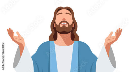 Religious figure with long hair and blue robe raising arms.