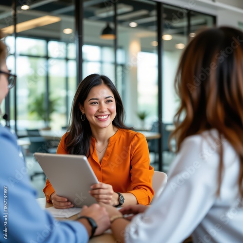 Smiling Asian Businesswoman in Meeting with Colleagues in a Modern Office, Discussing Data on a Tablet for Collaboration and Success. Free Download Smiling Asian Businesswoman in Meeting with Colleagues in a Modern Office, Discussing Data on a Tablet for Collaboration and Success. - GFXLoad