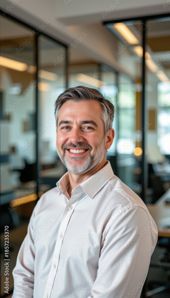 Obraz premium Smiling Professional Man in Modern Office Space: Leadership, Confidence, and Approachability