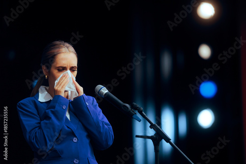 Valokuva Sick Woman Blowing Nose Speaking in Public Feeling Ill