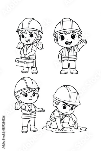 Cute Kids Construction Worker Line Art Set, Cartoon Builder Characters Outline for Children Coloring Page