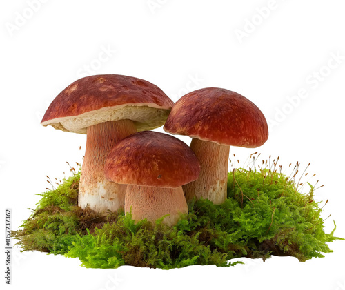 Porcini Mushrooms with Moss and Spores boletus edulis isolated on a transparent background