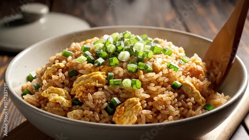 Close up of a bowl of fried rice with scallions and wooden spoon