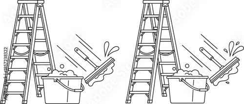 Cleaning supplies with aframe ladders and buckets