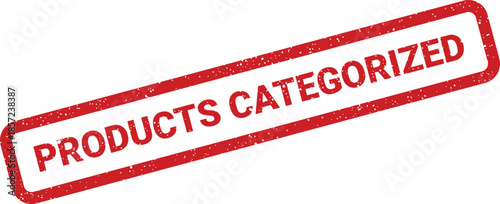 A red rectangular rubber stamp impression displaying the bold text PRODUCTS CATEGORIZED on a clean surface