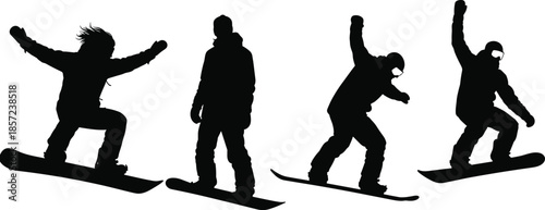 Collection of Professional Snowboarder Silhouettes Featuring Men Performing Jump Tricks and Winter Sports Action Poses Isolated on White Background for DesignWeb