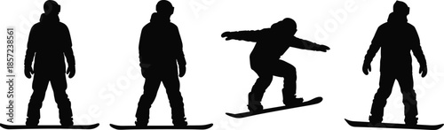 Collection of Professional Snowboarder Silhouettes Featuring Men in Various Standing and Action Riding Poses Isolated on White Background for Winter DesignWeb