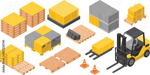 Isometric warehouse logistics illustration featuring forklift pallets cargo containers packaging storage equipment supply chain industrial transportation assets