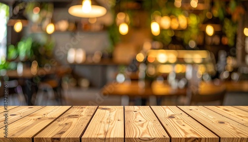 Rustic Wooden Table in Cozy Restaurant with Soft Bokeh Lights