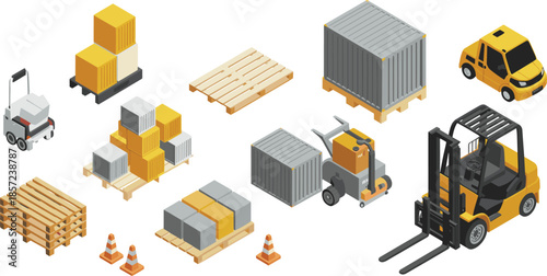 Isometric warehouse logistics illustration featuring forklift pallets cargo containers packaging storage equipment supply chain industrial transportation assets