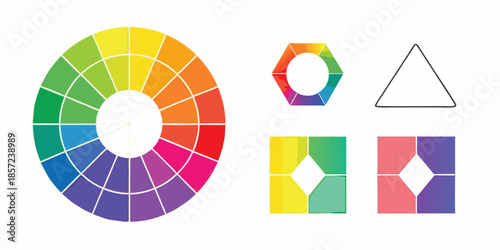 Colorful geometric shapes a color wheel hexagon triangle and squares