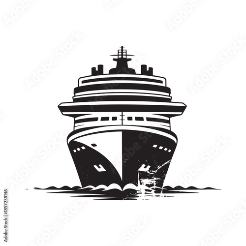 A striking black and white front view illustration of a large cruise ship sailing on the ocean waves