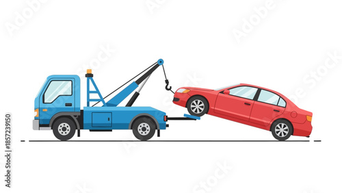 Blue Tow Truck Transporting a Red Car on a White Background.