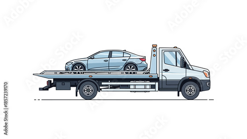 Illustration of a tow truck transporting a sedan car.