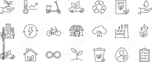 Outline Vector Icon Set Representing Environmental Sustainability Eco-Friendly Mobility Green Building Renewable Energy and Corporate Carbon Footprint Concepts