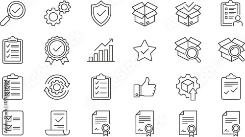 Outline Vector Icon Set Representing Quality Assurance Product Inspection Certified Logistics Service Standards and Business Process Compliance Concepts