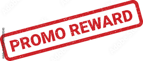 A vibrant red rectangular promo reward rubber stamp with distinct grunge texture