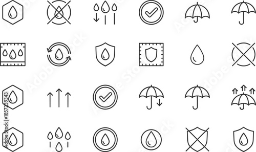 Outline Vector Icon Set Representing Water Resistance Moisture Protection Waterproofing Levels Textile Engineering Weatherproofing and Durable Material Performance Concepts