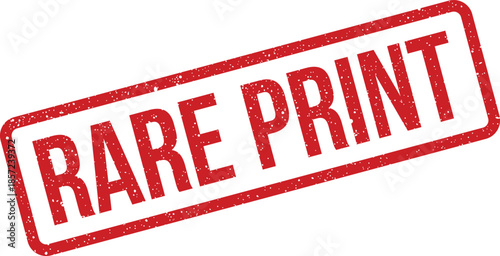 A vibrant red textured stamp graphic featuring the prominent words RARE PRINT inside a rectangular outline