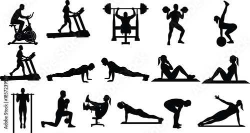 Fitness exercise silhouettes set featuring gym workouts, strength training, cardio routines and bodyweight exercises isolated on white backgroundWeb