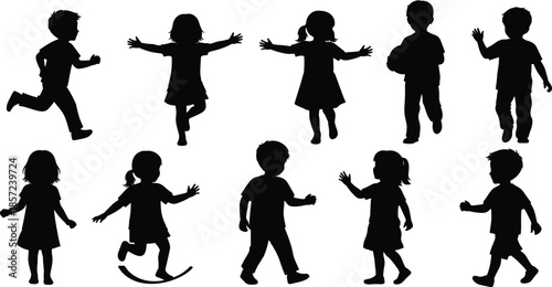 Silhouettes of children in playful poses, black figures, running, dancing, waving, ball play, rocking toy, white background, childhood activity and movement