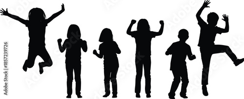 Silhouettes of children jumping and dancing, black figures, expressive posture, joyful gesture, white background, childhood energy, celebration and movement illustration
