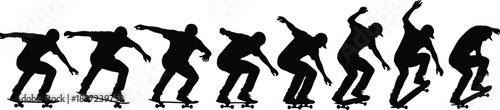 Skateboarder silhouettes sequence showing dynamic skateboarding trick motion, jumps and street sport action isolated on white backgroundWeb