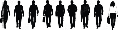 Business people walking silhouettes showing professional men and women carrying briefcases in confident corporate stride isolated on white backgroundWeb