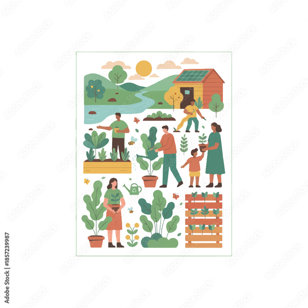 Fototapeta premium Community Gardening Poster - Urban Allotment Workshop Template with People Planting Vegetables and Sustainable Social Farming Illustration