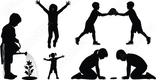 Silhouettes of children playing and exploring, black figures, gardening, ball activity, curiosity gesture, white background, childhood interaction and movement
