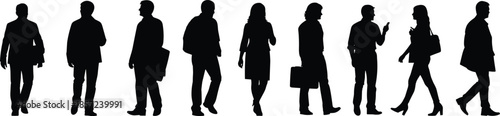 Business people silhouettes set showing professionals walking, talking and carrying briefcases in modern corporate lifestyle isolated on white backgroundWeb