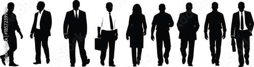 Business people walking silhouettes showing diverse professional men and women in confident corporate stride with briefcases isolated on white backgroundWeb